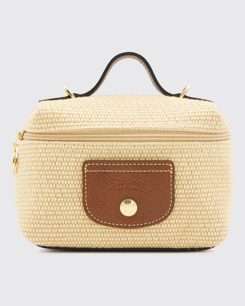 Longchamp Le Pliage Mini-Handtasche aus Bast mit Ledergriff Braun