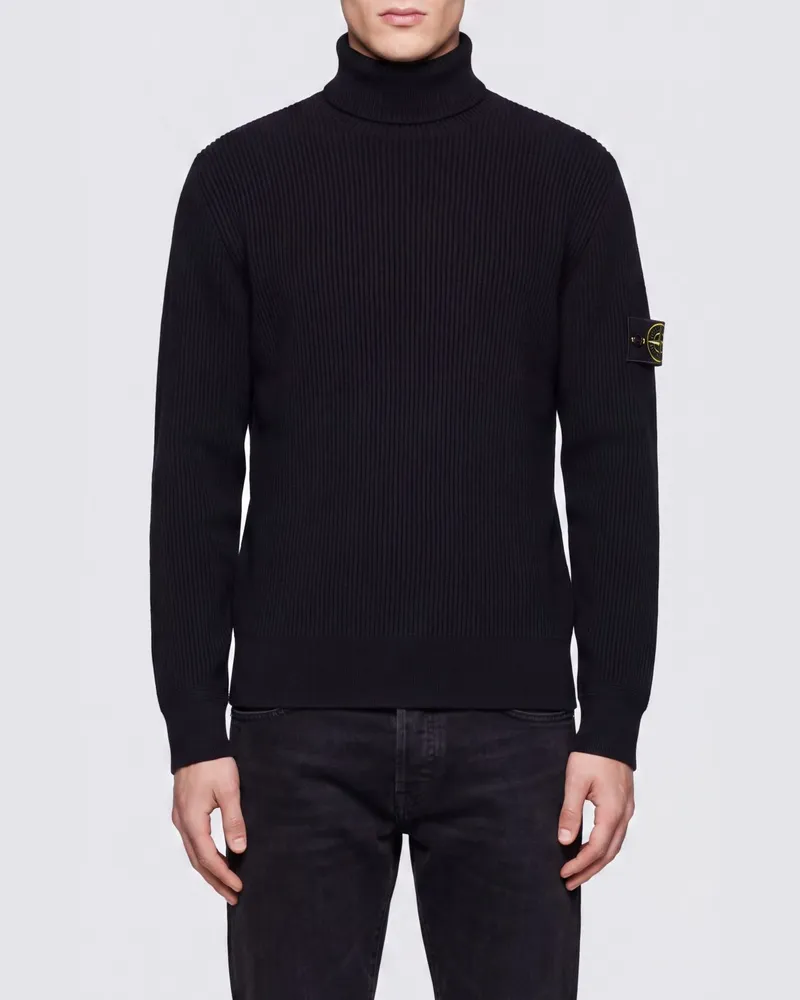 Stone Island Schmal geschnittener Woll-Rollkragenpullover mit Compass-Logo Schwarz
