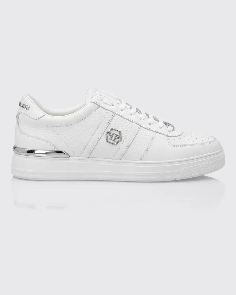 Philipp Plein Low-Top-Sneaker aus Leder mit Hexagon-Logo und runder Kappe Weiß