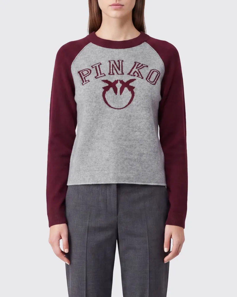 Pinko Slim Fit Rundhalspullover aus Wolle und Kaschmir mit Love Birds Logo Grau