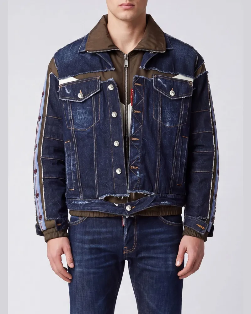 Dsquared2 Double-Layer-Jeansjacke mit Patchwork-Design und Reißverschluss Blau
