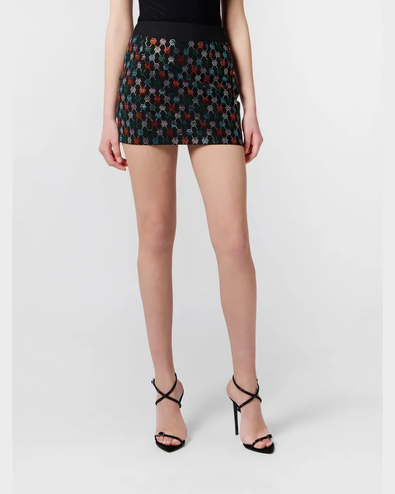 Philipp Plein Mini-Bleistiftrock aus Wolle mit Strass-Hexagon-Logo Schwarz