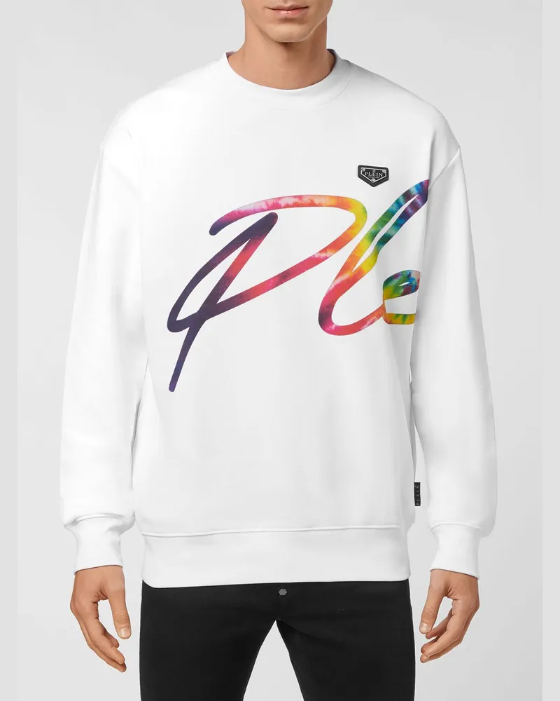 Philipp Plein Rundhals-Sweatshirt aus Baumwoll-Jersey mit kontrastierendem Logo-Print Weiß