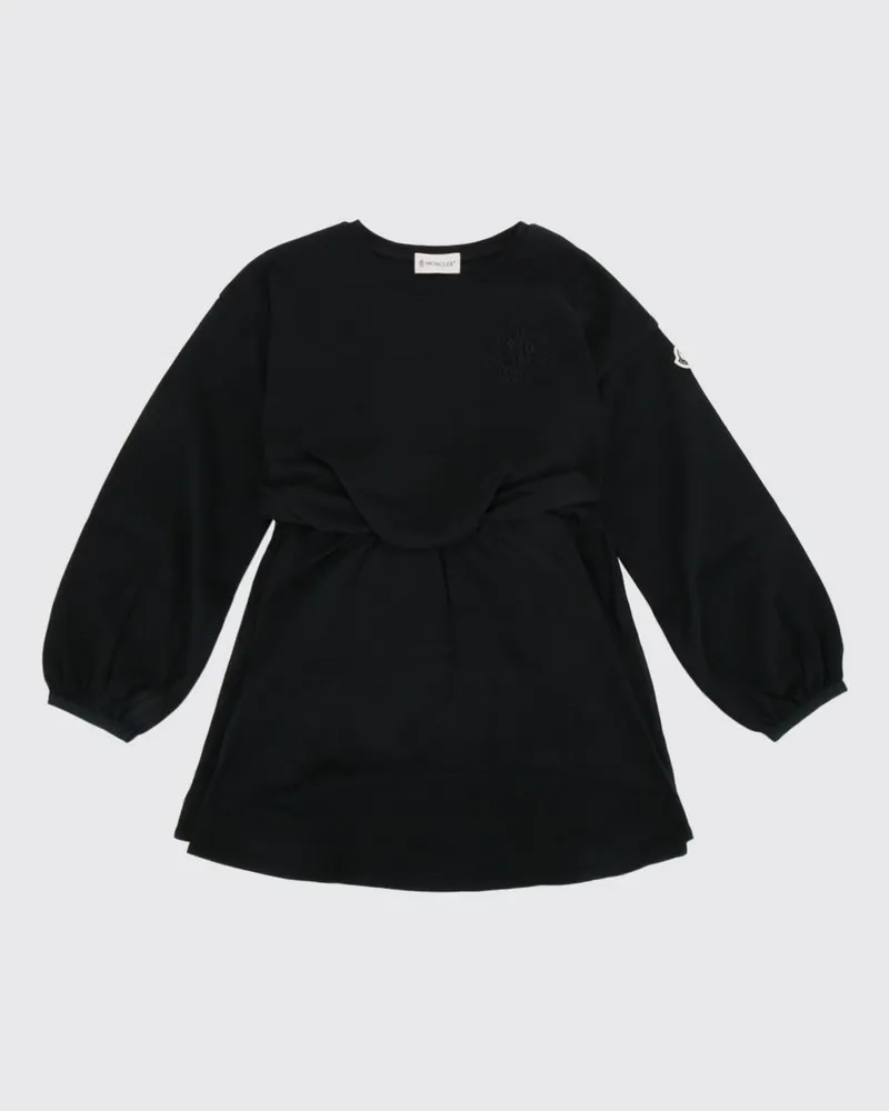 Moncler Ausgestelltes Mini-Kleid für Mädchen aus Baumwolle mit drapierter Taille Schwarz