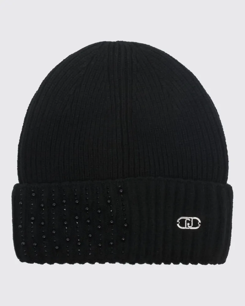 Liu Jo Gerippter Beanie mit Umschlag und Strass- und Perlenverzierungen Schwarz