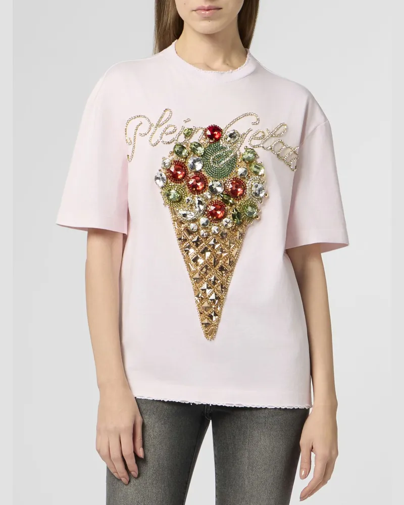 Philipp Plein T-Shirt aus Baumwolljersey mit Strass-Logo und Fransen-Saum Fuchsia
