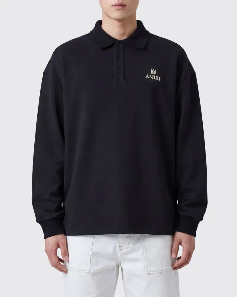 Amiri Langärmeliges Poloshirt aus Baumwollmischung mit Kontrastlogo in Relaxed Fit Schwarz
