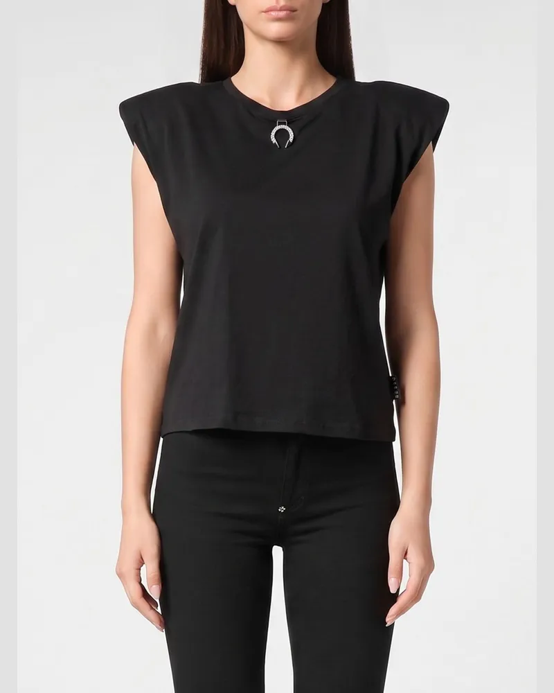 Philipp Plein Jersey-Tanktop mit Rundhalsausschnitt und gepolsterten Schultern Schwarz