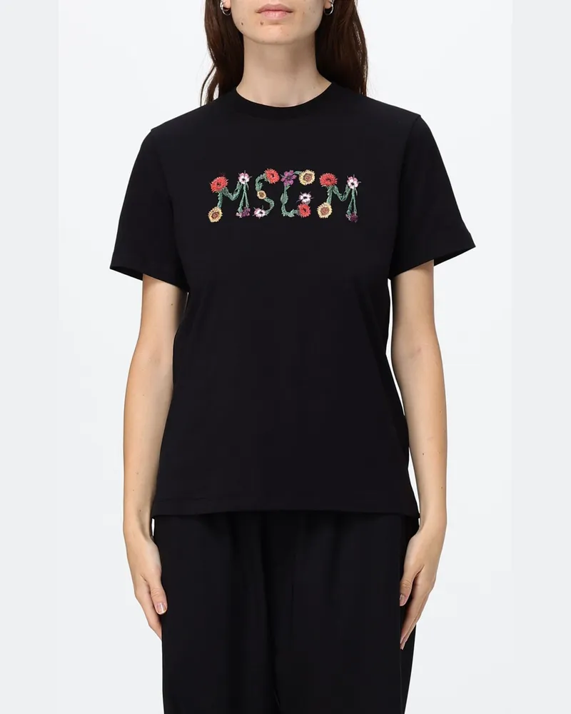 MSGM Baumwoll-T-Shirt mit Rundhalsausschnitt und kontrastierendem Logo-Print Schwarz