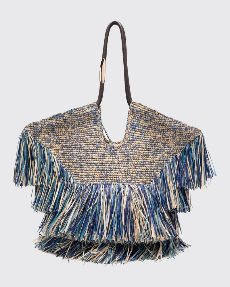 Zimmermann Goldentime Raffia-Tote mit bestickten Fransen und Lederhenkeln Navy