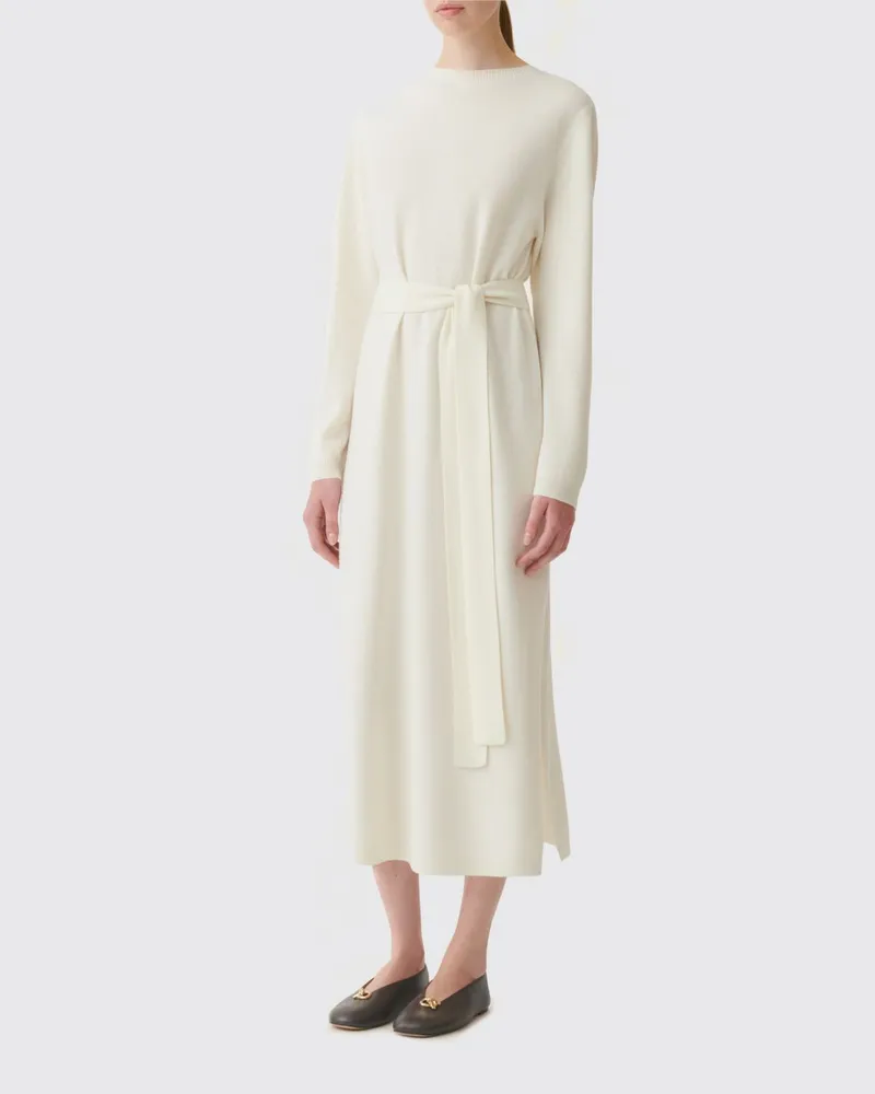 Fabiana Filippi Midi-Strickkleid aus Wolle, Seide und Kaschmir mit Taillengürtel Natural