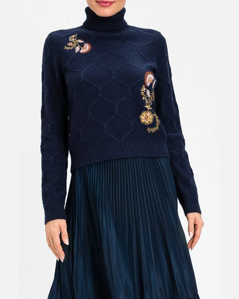 Twin-Set Lockerer Woll-Rollkragenpullover mit Stickerei Blau