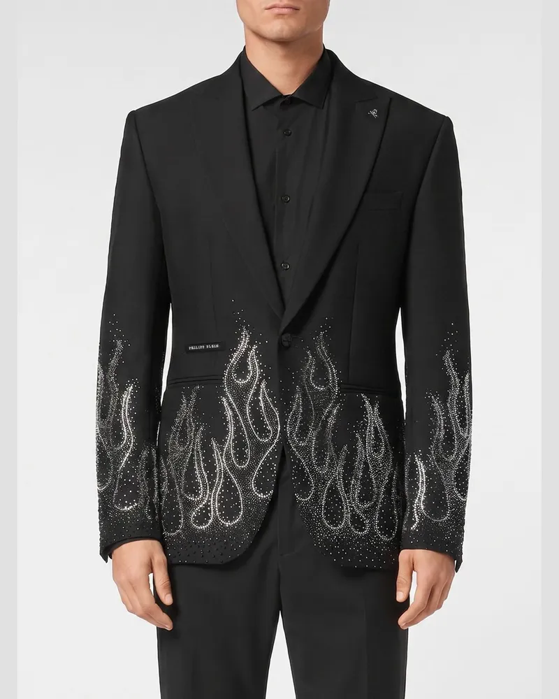 Philipp Plein Blazer aus Schurwollmischung mit Kristallflammen Schwarz