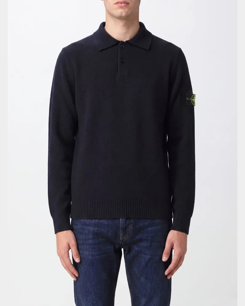 Stone Island Langärmeliges Poloshirt aus reinem Schurwollstrick mit Compass-Logo Navy