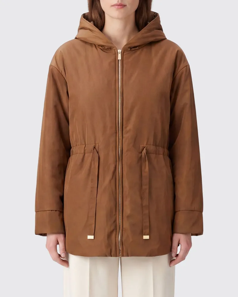Max Mara Kurzer Parka aus Funktionsstoff mit Kapuze und Kordelzug Honey