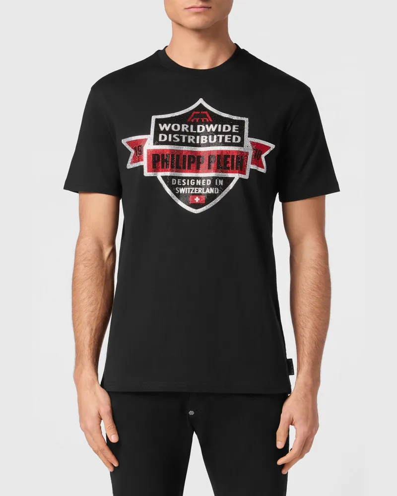 Philipp Plein Baumwoll-T-Shirt mit besticktem Strass-Logo Schwarz