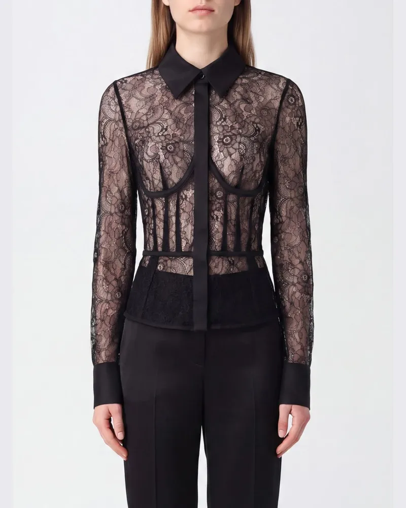 Elisabetta Franchi Transparentes Spitzen-Korsetthemd mit klassischem Kragen Schwarz