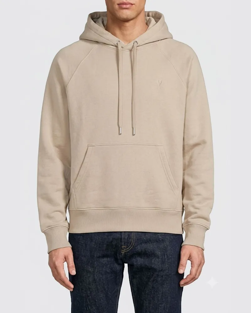 AMI Paris Relaxed-Fit Hoodie aus Baumwolle mit überschnittenen Schultern und Kängurutasche Beige