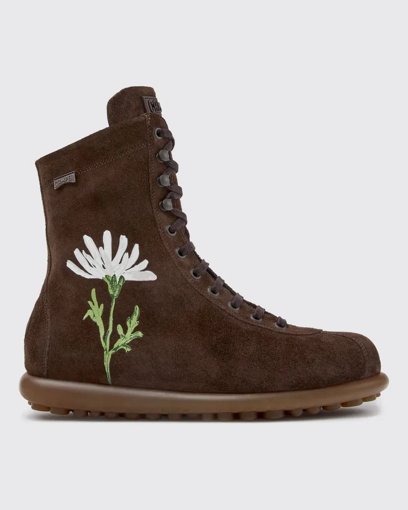 Camper Twins Schnürstiefel aus Veloursleder mit Blumenmuster und gekerbter Gummisohle Braun