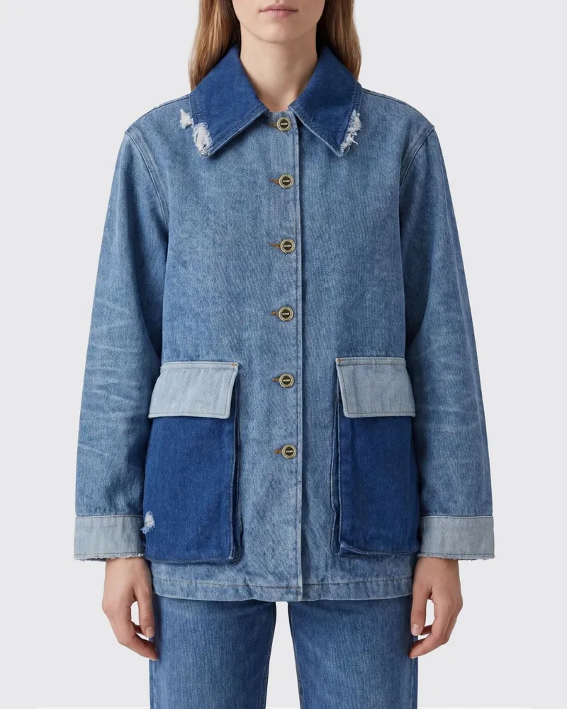 Ganni Kurze Jeansjacke aus Bio-Baumwolle mit Fransen und aufgesetzten Taschen Blau