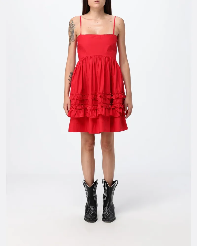 Ganni Minikleid aus Baumwollpopeline mit Rüschen und quadratischem Ausschnitt Rot