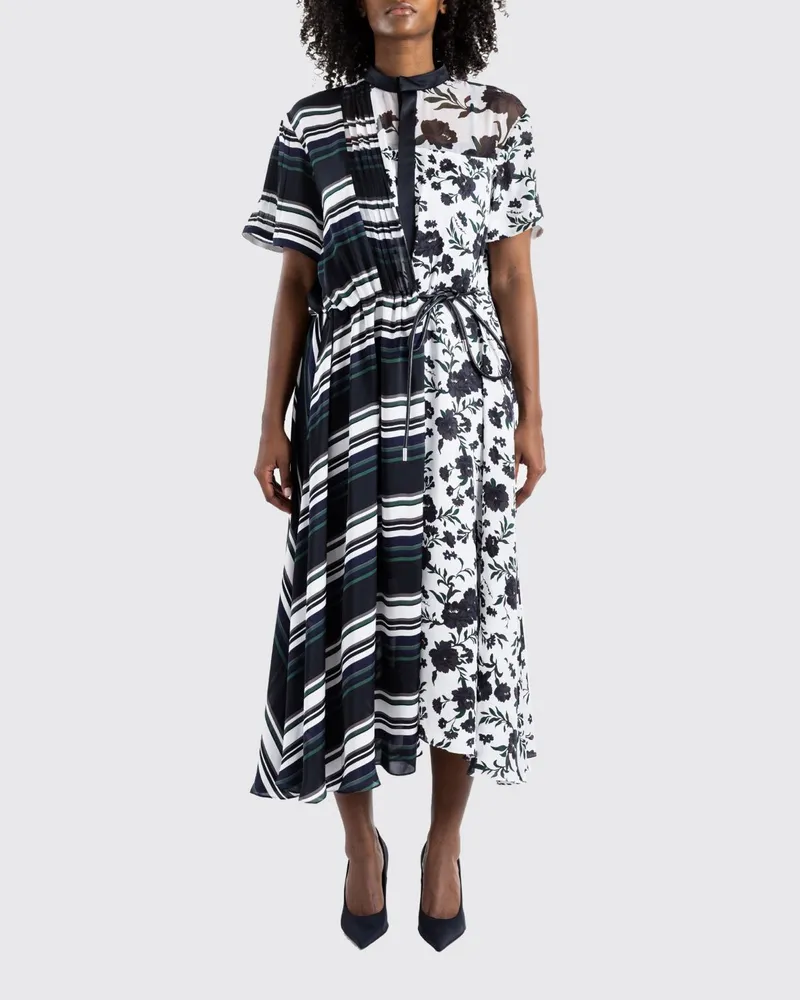 Sacai Midi-Hemdblusenkleid aus Crêpe mit Patchwork-Muster und koreanischem Kragen Weiß