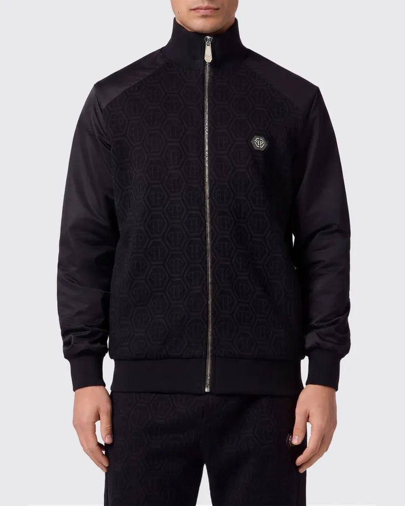 Philipp Plein Sweatshirt mit Reißverschluss, hohem Kragen und Hexagon-Logo aus Baumwollmischung Schwarz