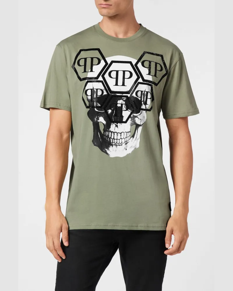 Philipp Plein Baumwoll-T-Shirt mit Skull-Print und Strass-Hexagon-Logo Grün