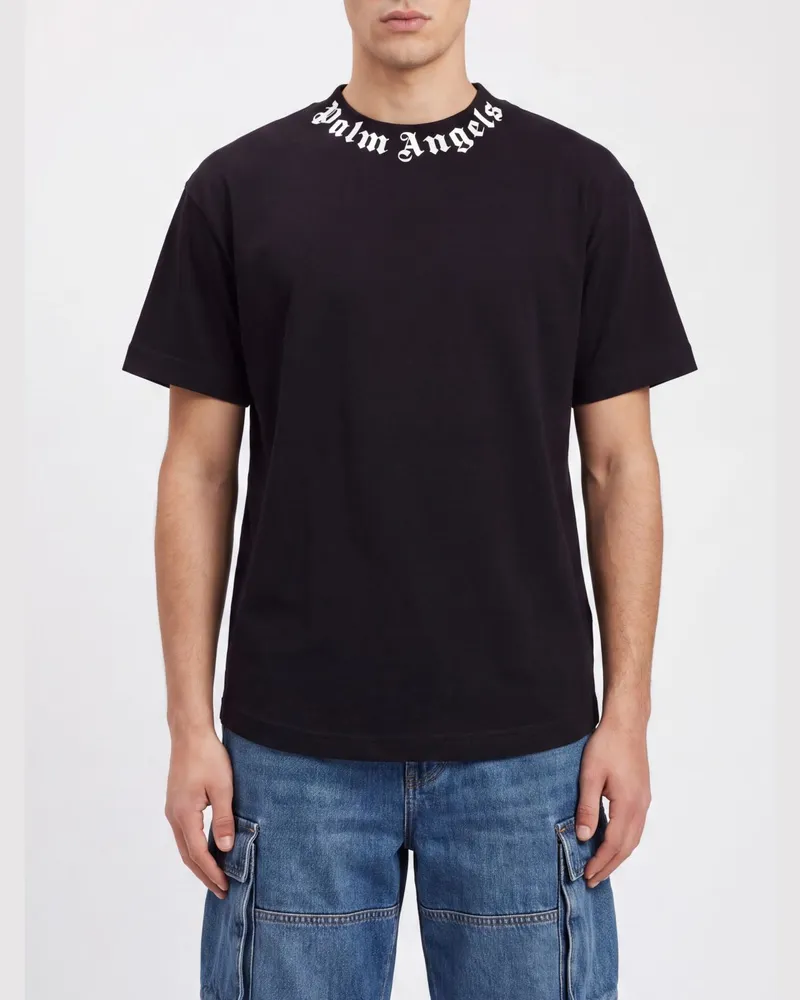 Palm Angels T-Shirt aus Baumwolle mit Rundhalsausschnitt, Logodruck und abgerundetem Saum Schwarz