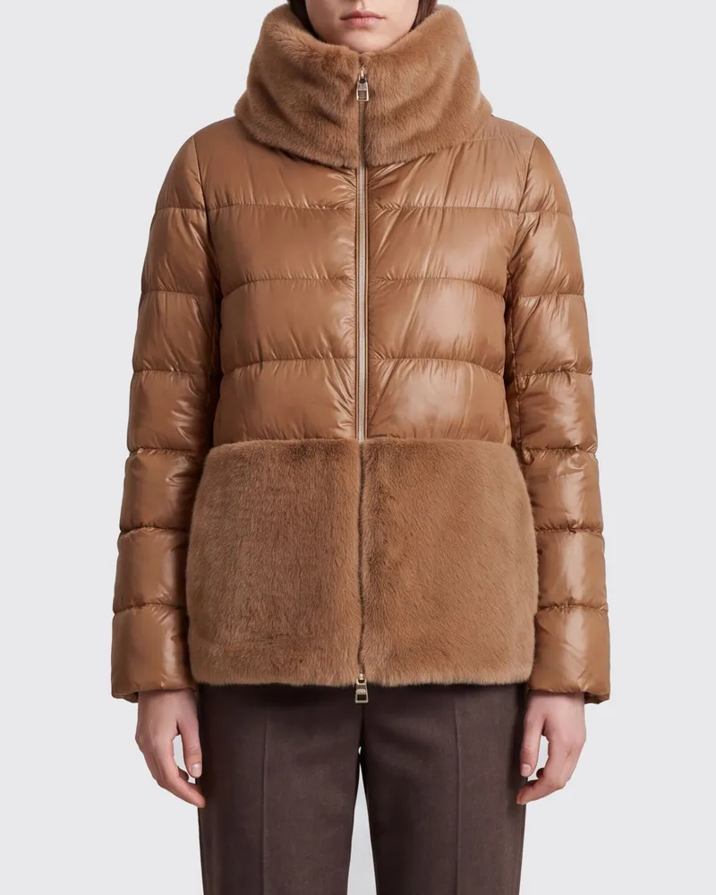 Herno Kurze Ultraleicht-Nylon-Daunenjacke mit Kunstpelzdetails Beige