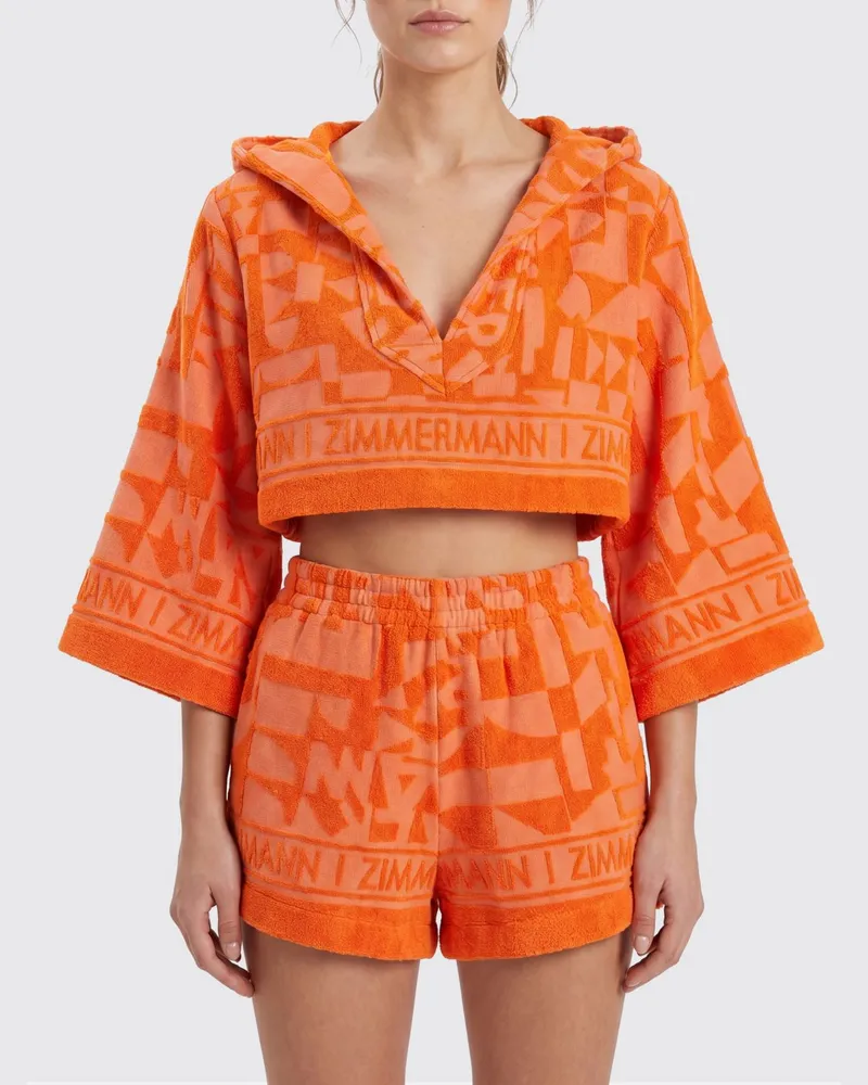 Zimmermann Langärmeliges Cropped-Top Solstice aus Baumwolle mit Kapuze Orange