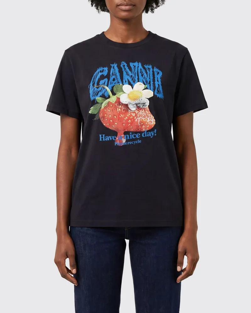Ganni Slim Fit Baumwoll-T-Shirt mit Frucht-Logo-Druck Charcoal