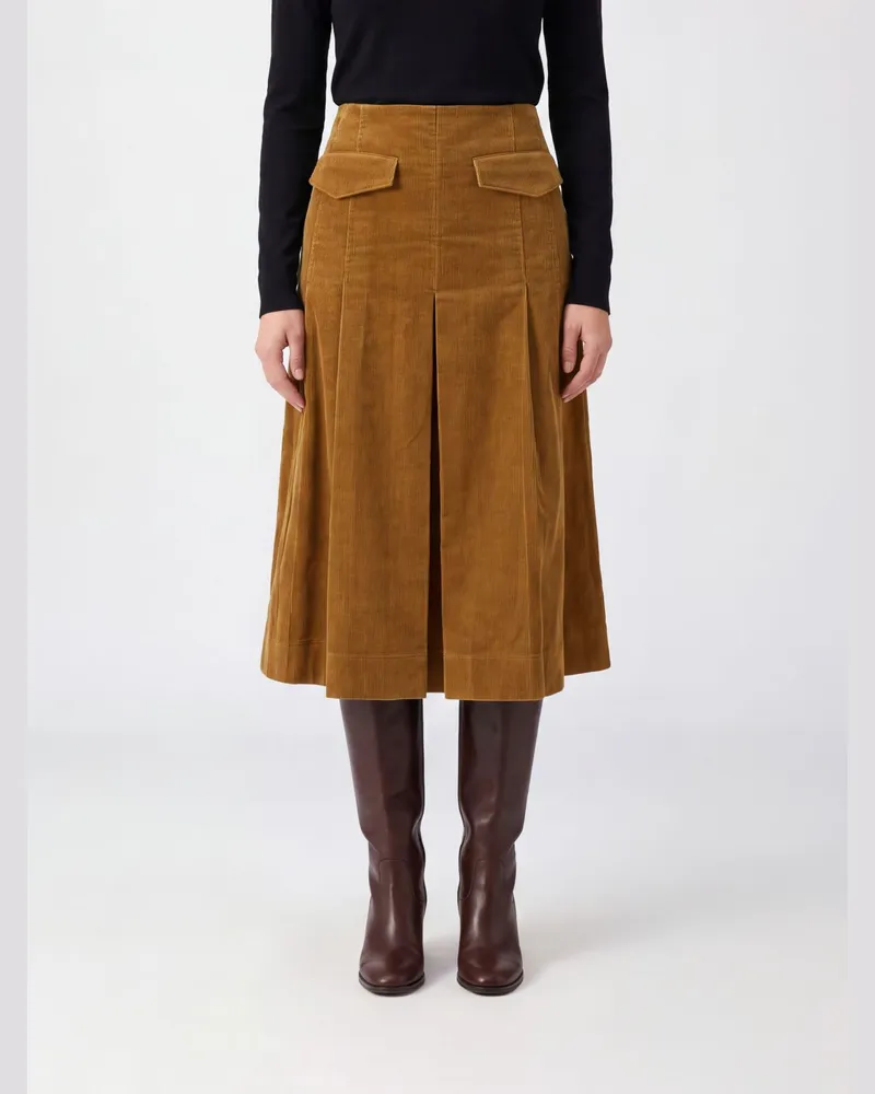 Tory Burch A-Linien-Cord-Midirock mit hoher Taille und Rückenschlitz Braun