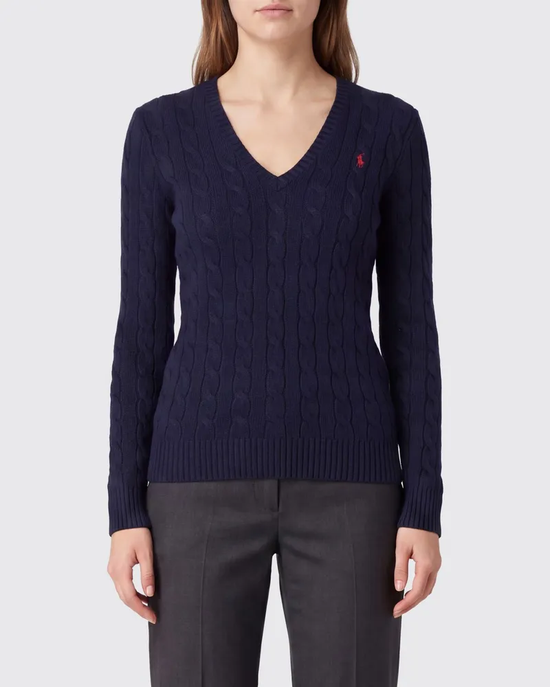 Ralph Lauren Slim-Fit Wollpullover mit V-Ausschnitt und gesticktem Pony-Logo Blau