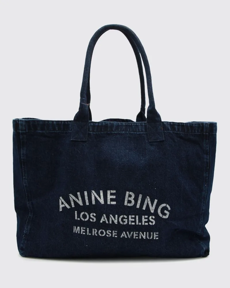 Anine Bing Große Tote-Bag aus Baumwoll-Denim mit aufgedrucktem Logo Blau