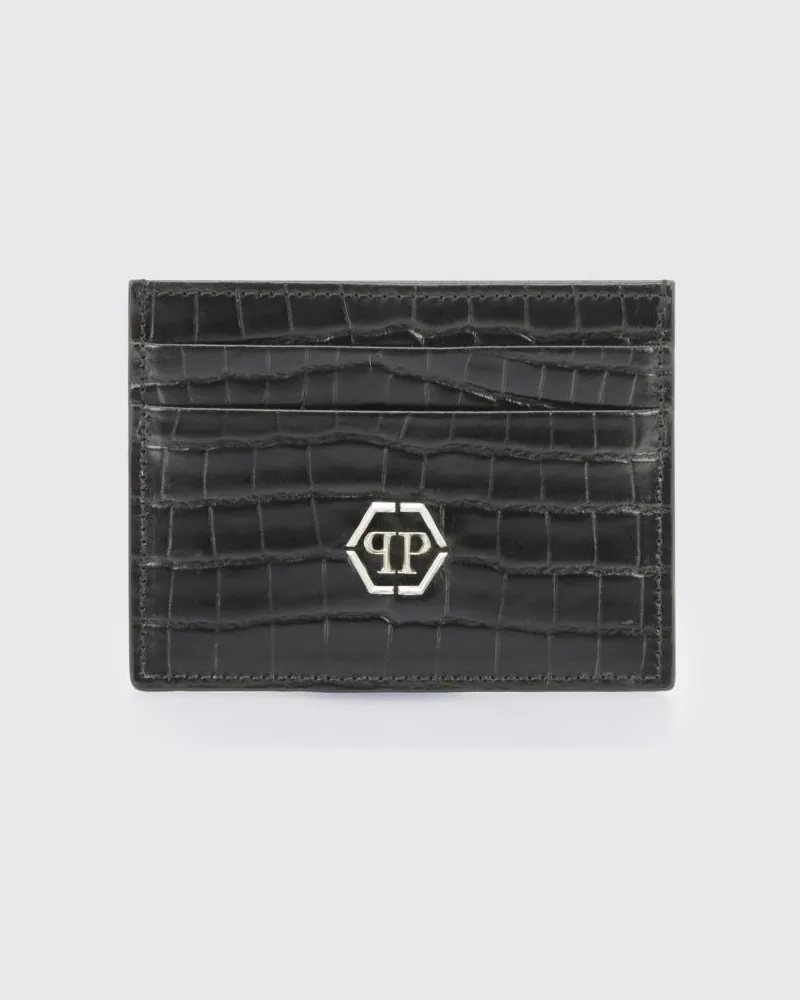 Philipp Plein Kartenetui aus Kalbsleder mit Krokodil-Print und Hexagon-Logo Schwarz
