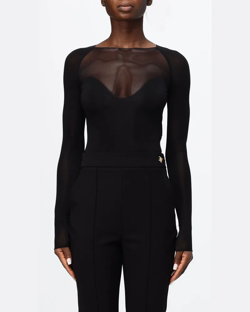 Elisabetta Franchi Langärmeliger Jersey-Body mit Rundhalsausschnitt Schwarz