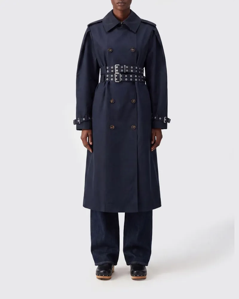 Ganni Langer zweireihiger Trenchcoat aus Baumwolle mit Nieten Schwarz