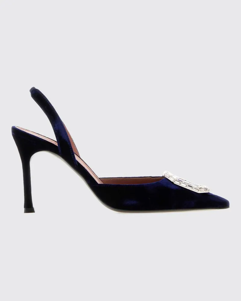 Amina Muaddi Camelia Satin-Slingback-Pumps mit Schmuckschnalle Blau
