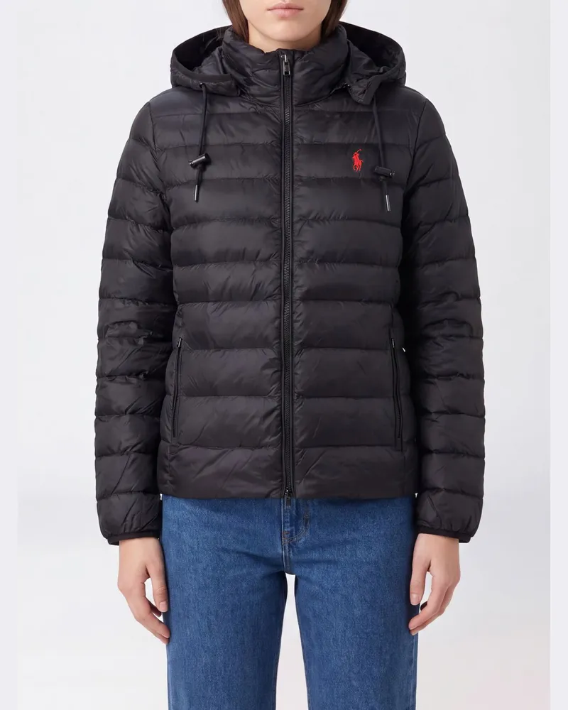 Ralph Lauren Kurze Nylon-Daunenjacke mit Kapuze und gesticktem Pony-Logo Schwarz