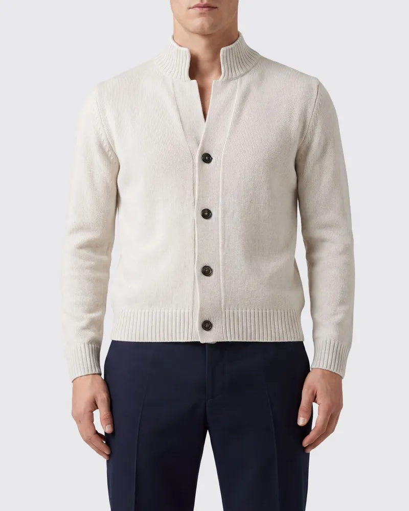 Eleventy Woll-Cardigan von mit hohem Kragen und Rippbündchen Sand