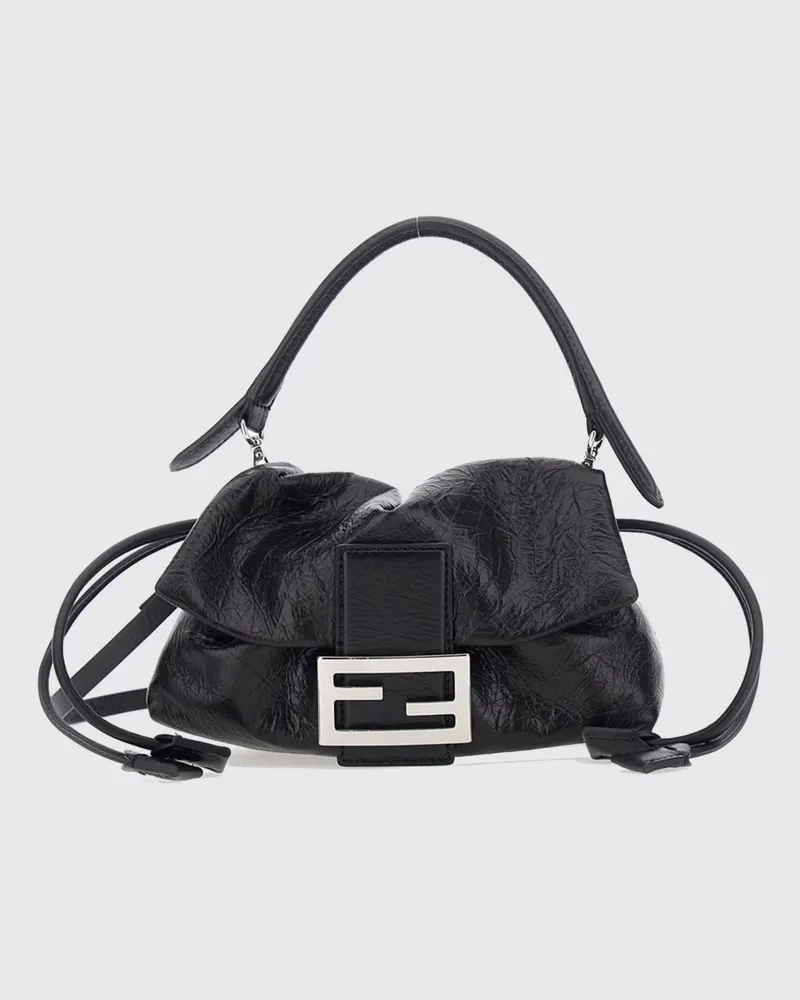 Fendi Baguette Minitasche aus Leder in Knitteroptik mit FF-Logo Schwarz