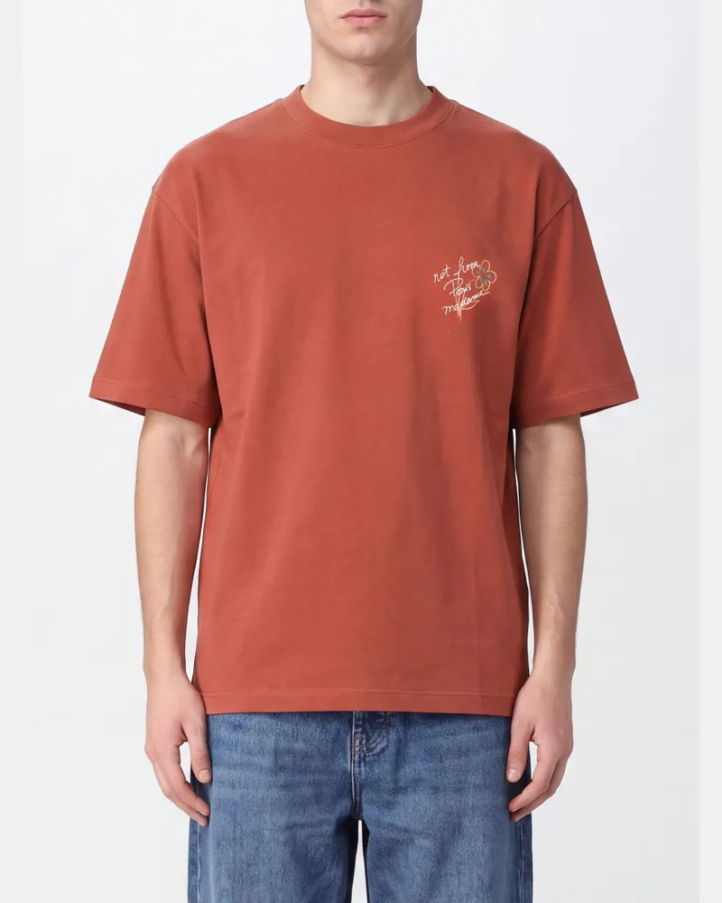 Drôle de Monsieur T-Shirt mit Rundhalsausschnitt, Kontrastlogo und überschnittenen Schultern Braun