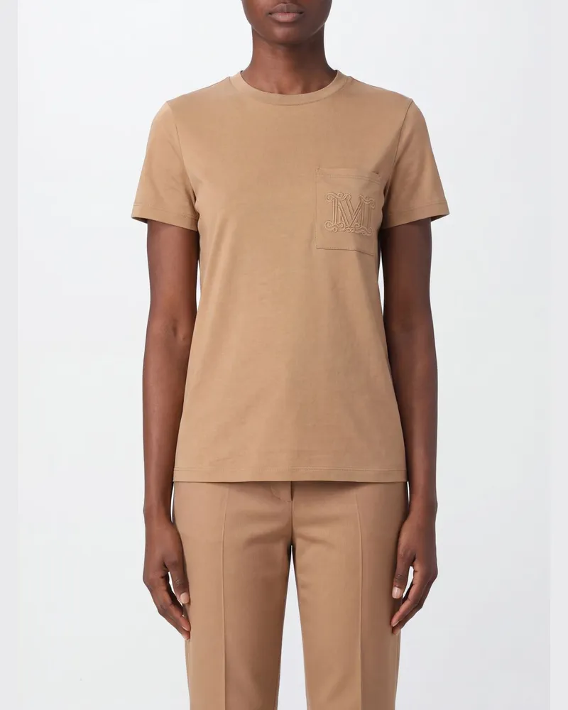 Max Mara Baumwoll-T-Shirt mit Monogramm und aufgesetzter Tasche Camel