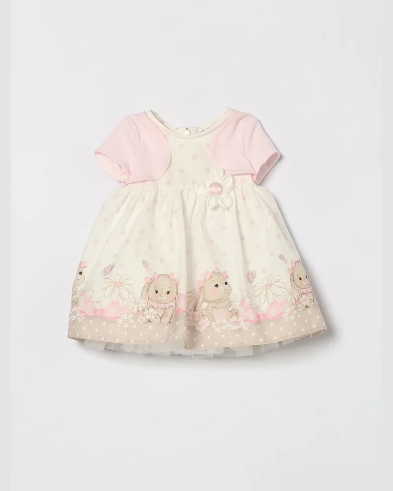 Monnalisa Mädchenkleid mit Tupfen- und Grafikprint und kurzen Ärmeln Weiß