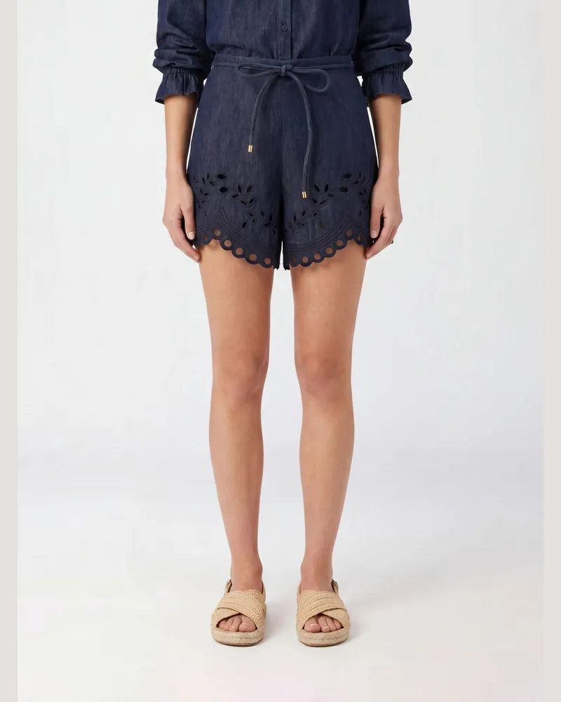 Zimmermann High-Waist-Shorts aus Baumwolldenim mit Spitzeneinsätzen Blau