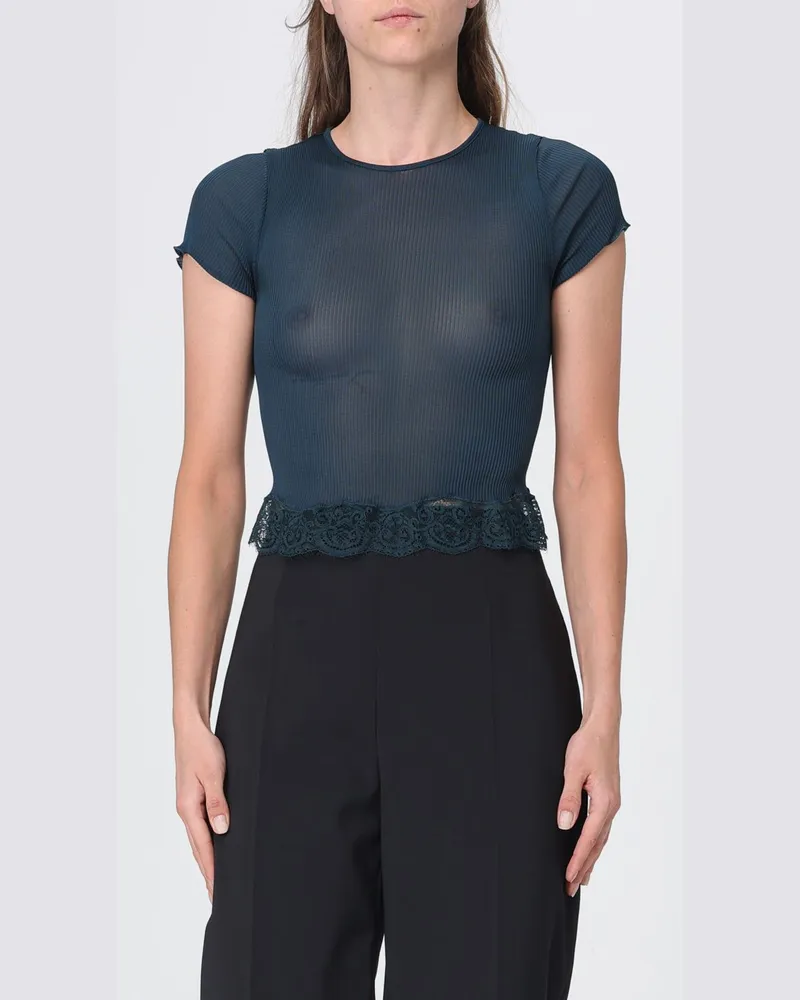 Saint Laurent Cropped-Top aus transparenter Seide mit kurzen Ärmeln und Spitzeneinsätzen Grün