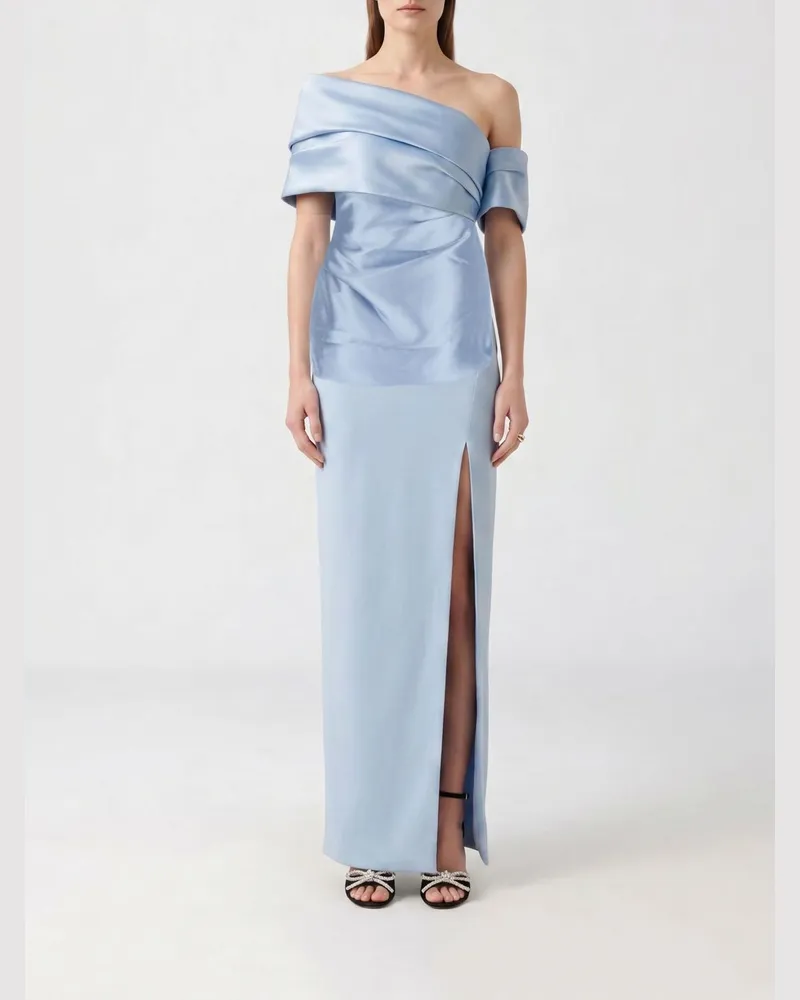 Solace London Langes Etuikleid aus Satin mit asymmetrischem Ausschnitt und Schlitz Blau