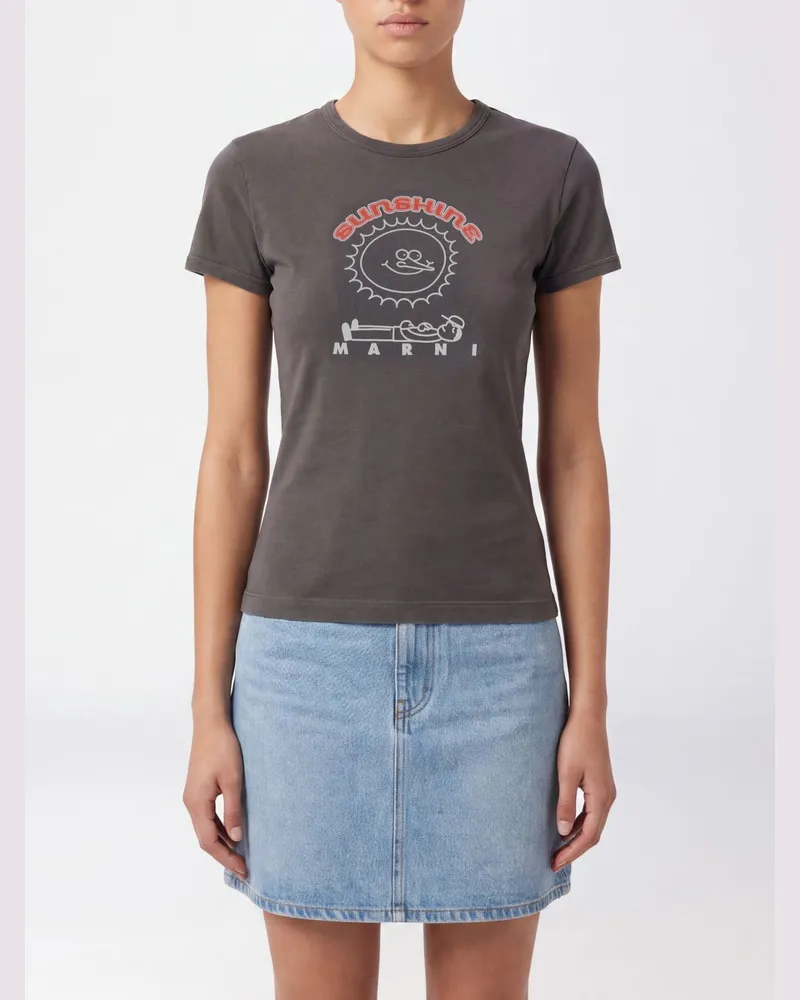 Marni Slim Fit Baumwoll-T-Shirt mit kontrastierendem Logo-Print Braun