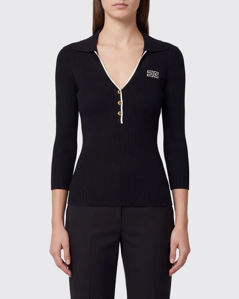 Elisabetta Franchi Slim-Fit-Poloshirt aus Rippstrick mit langen Ärmeln Schwarz